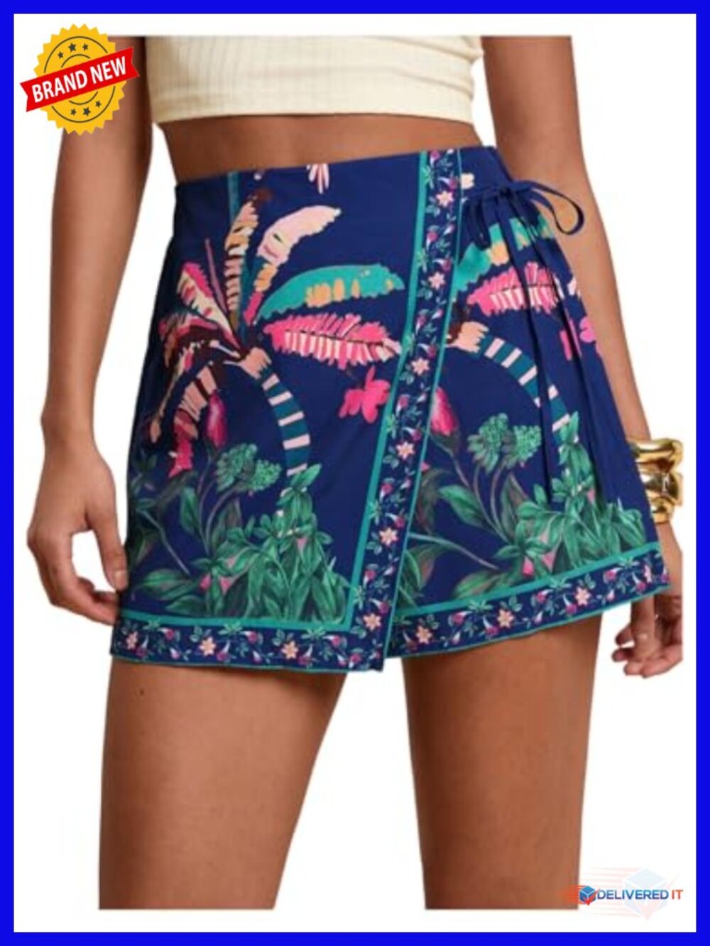 Boho Floral Wrap Skort Elastic High Waist Summer Beach Vacation